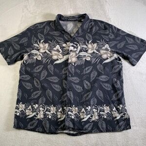 Baracuta Shirt Mens XL Black Floral Hawaiian 100% Silk Short Sleeve Beach